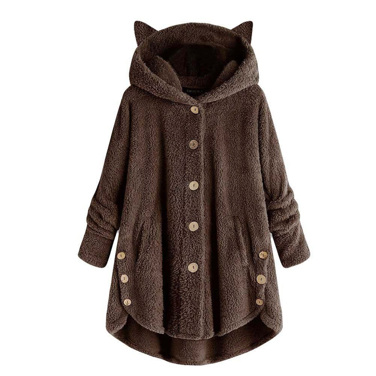 Women's Solid Color Jacket Hooded Cat Ears Button Plush Top Irregular Cardigan