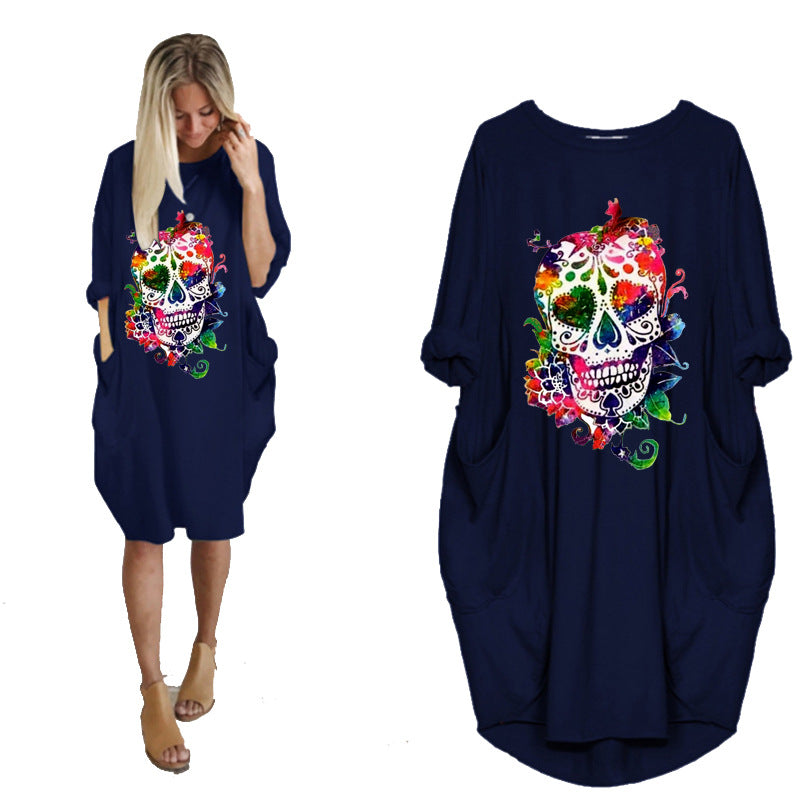 Halloween Skull Print Stitching Plus Size Dress