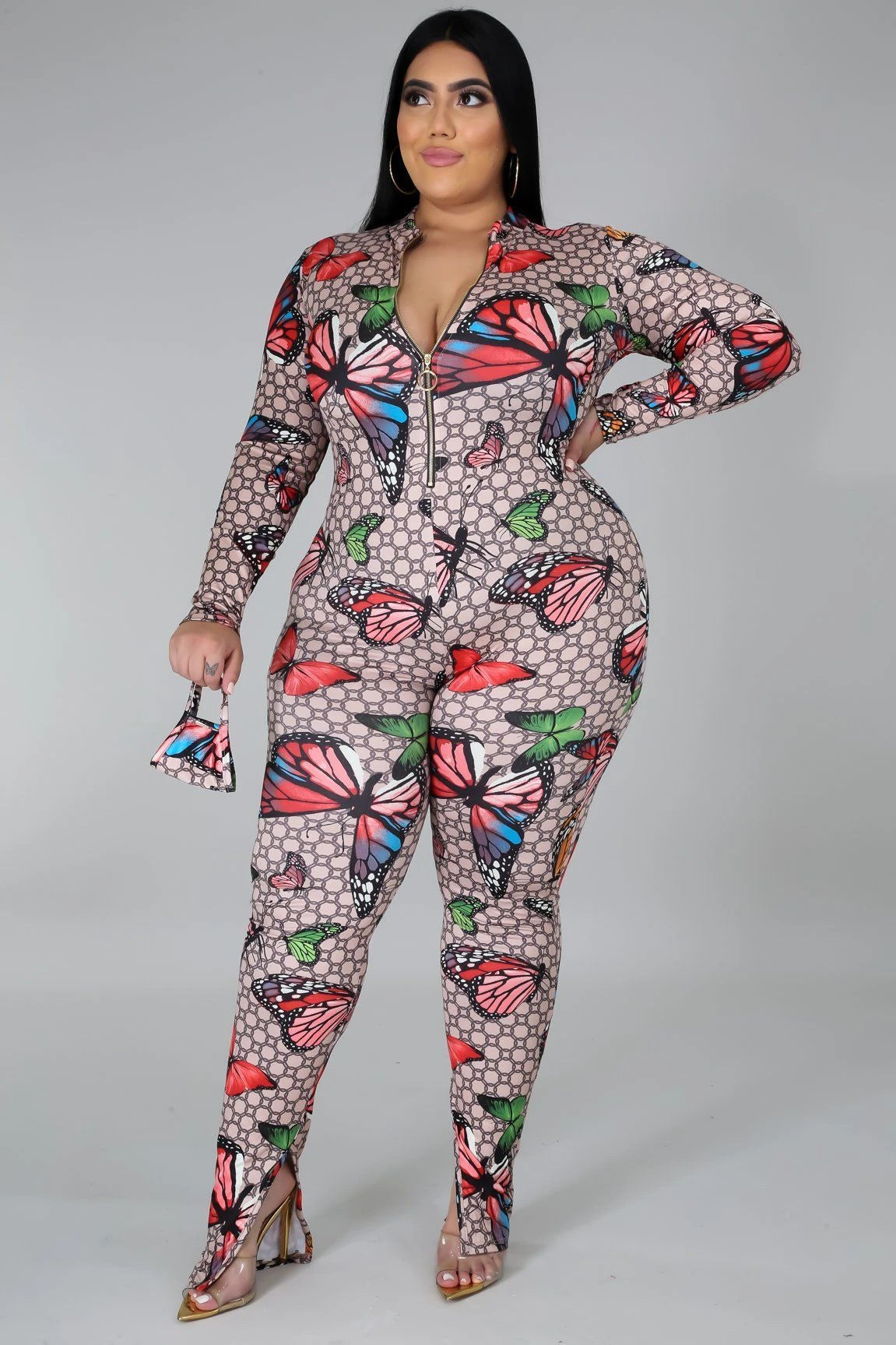 Plus Size Stretch Digital Print Jumpsuit