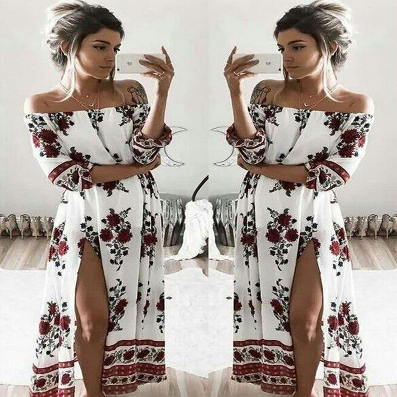 One-shoulder printed elastic waist split long dress