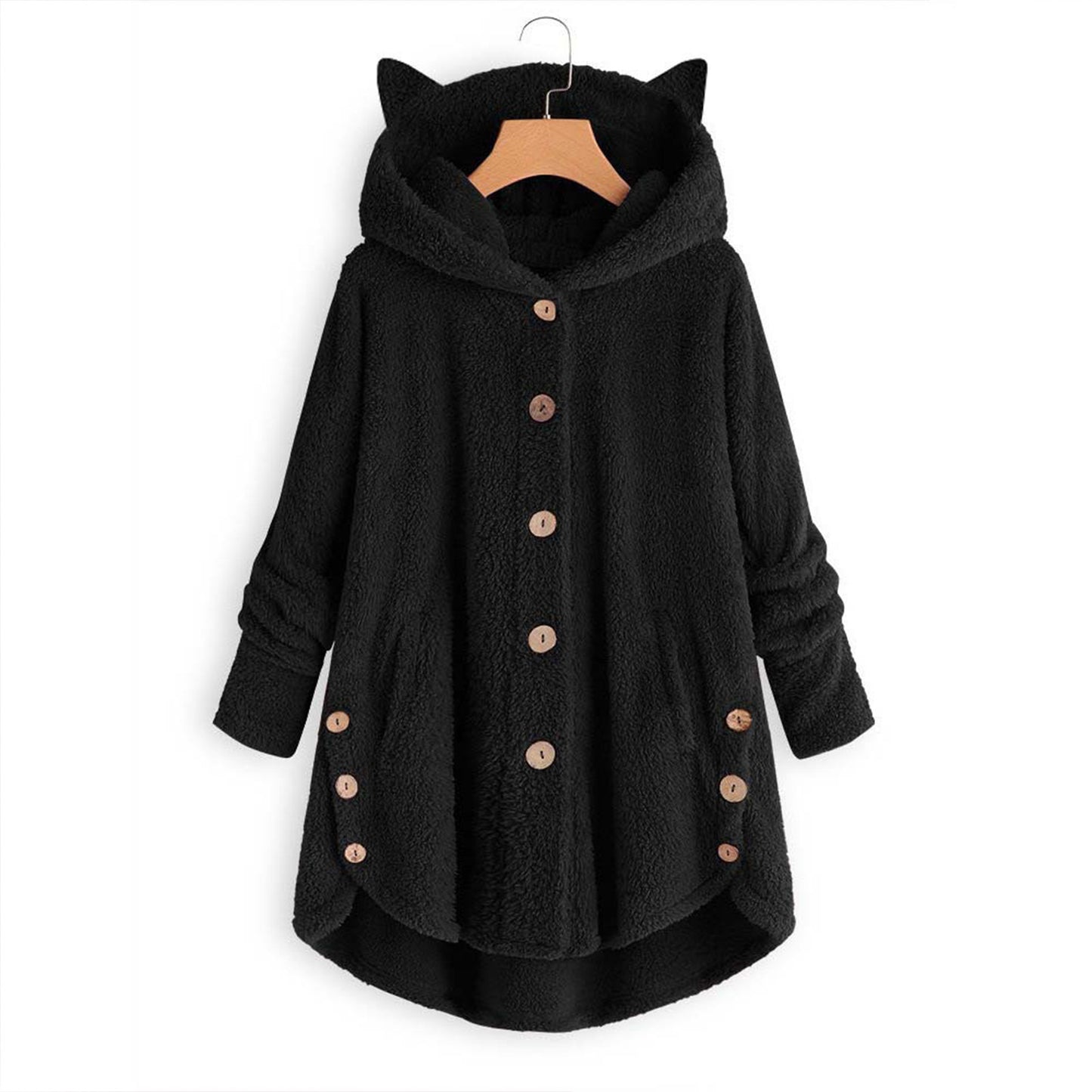 Women's Solid Color Jacket Hooded Cat Ears Button Plush Top Irregular Cardigan