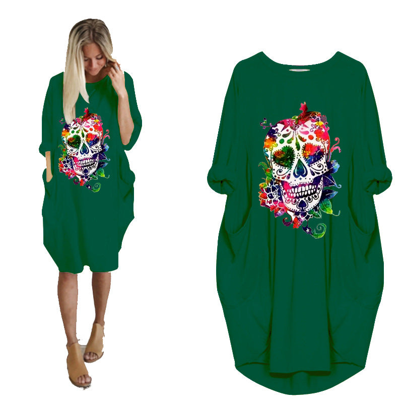 Halloween Skull Print Stitching Plus Size Dress