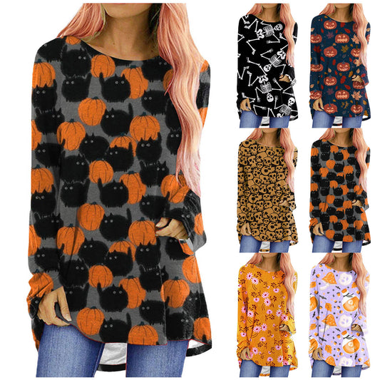 Halloween Theme Printed Long-sleeved T-shirt Women