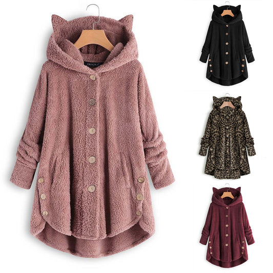 Women's Solid Color Jacket Hooded Cat Ears Button Plush Top Irregular Cardigan