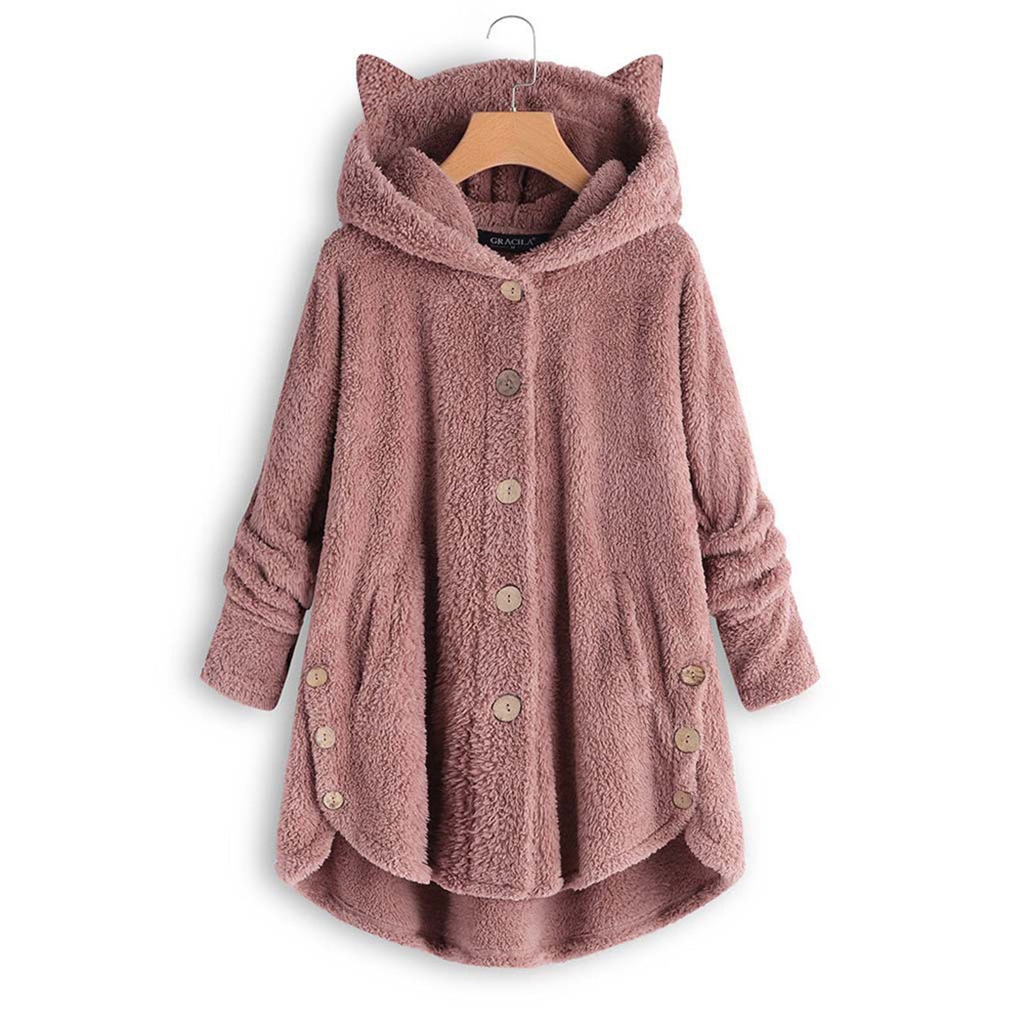 Women's Solid Color Jacket Hooded Cat Ears Button Plush Top Irregular Cardigan