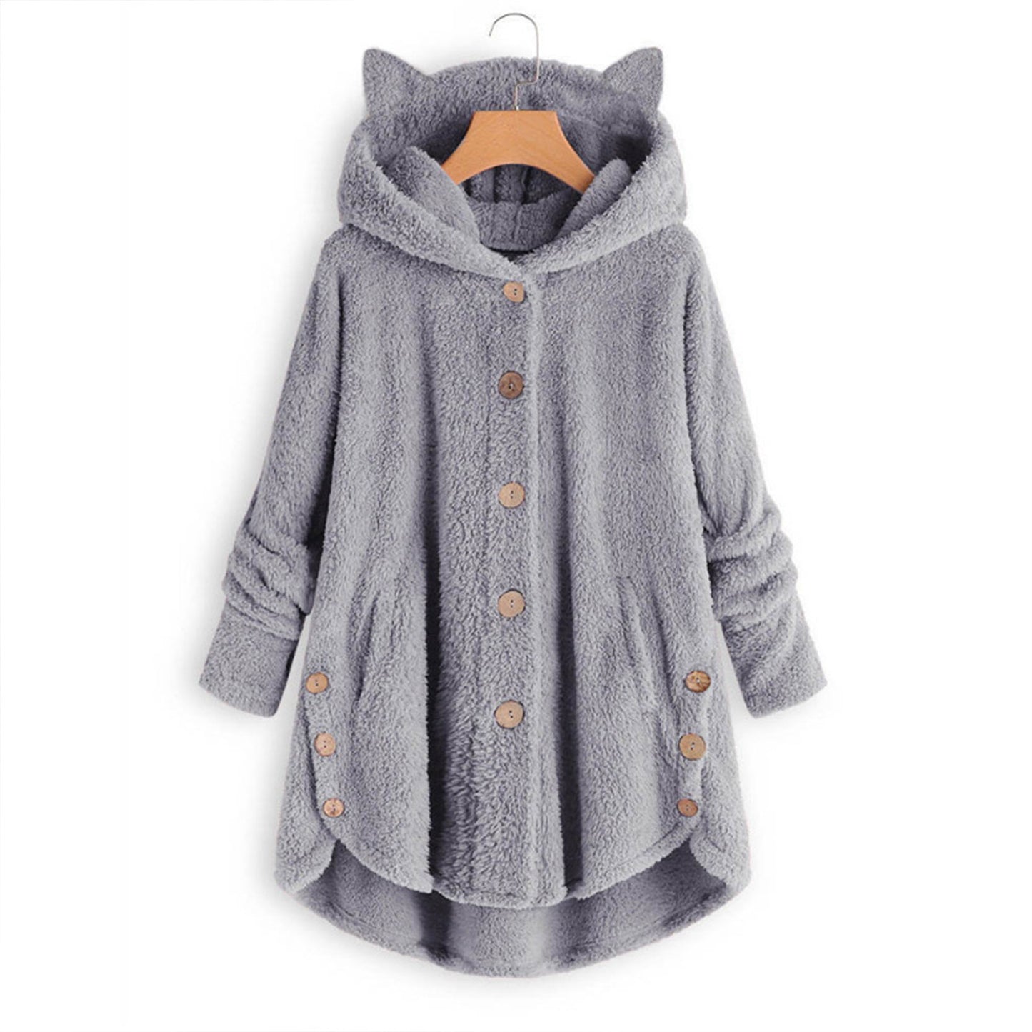 Women's Solid Color Jacket Hooded Cat Ears Button Plush Top Irregular Cardigan