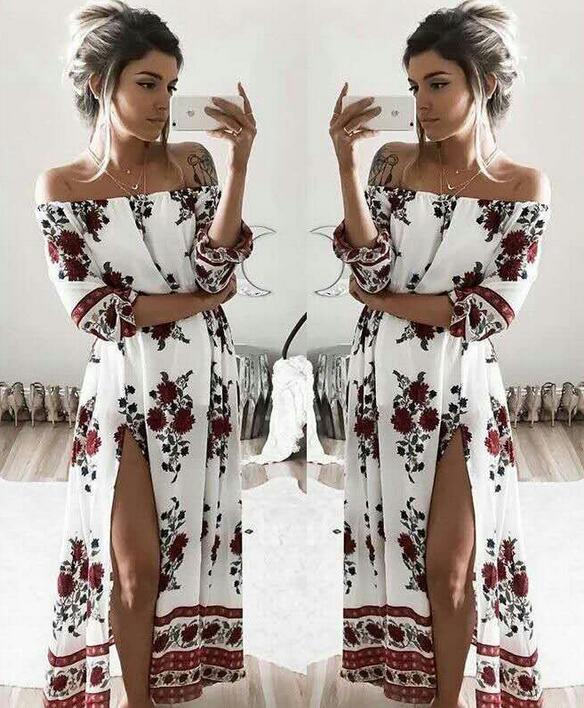 One-shoulder printed elastic waist split long dress