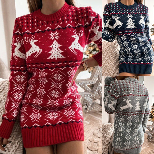 Tight-fitting Sexy Christmas Theme Jacquard Long-sleeved Knitted Dress