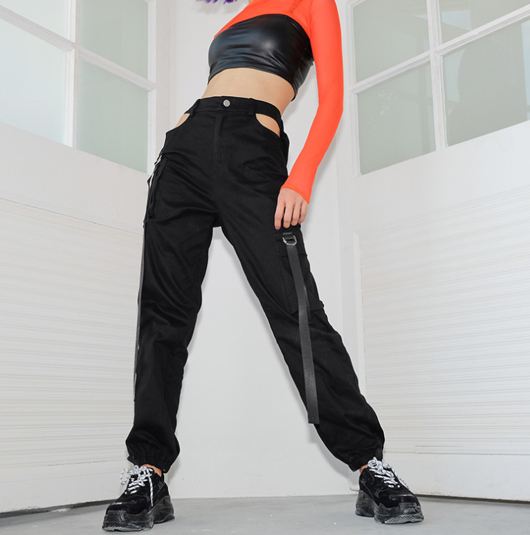 Women Black High Waist Pencil Pants Pockets Patckwork Hollow Out Pants Fashion Women Streetwear Cargo Pants Women Pants