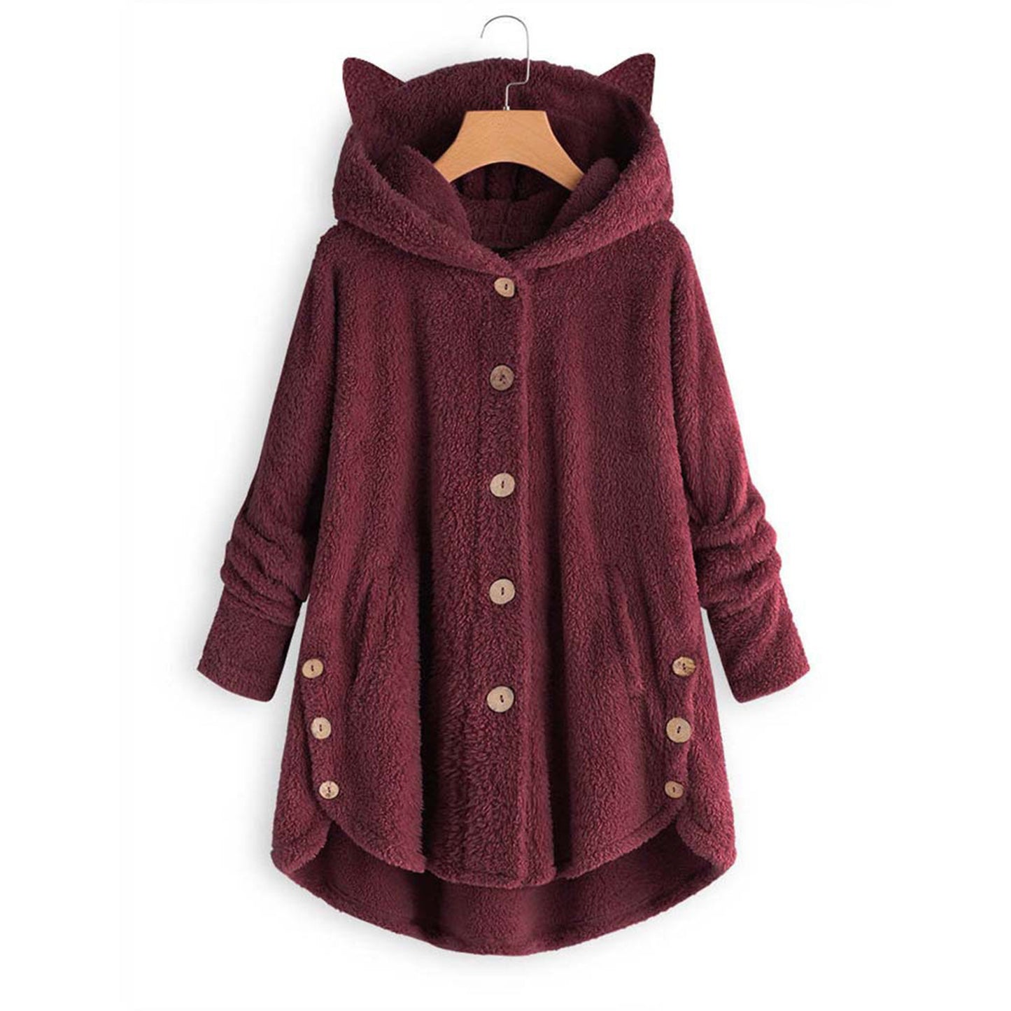 Women's Solid Color Jacket Hooded Cat Ears Button Plush Top Irregular Cardigan