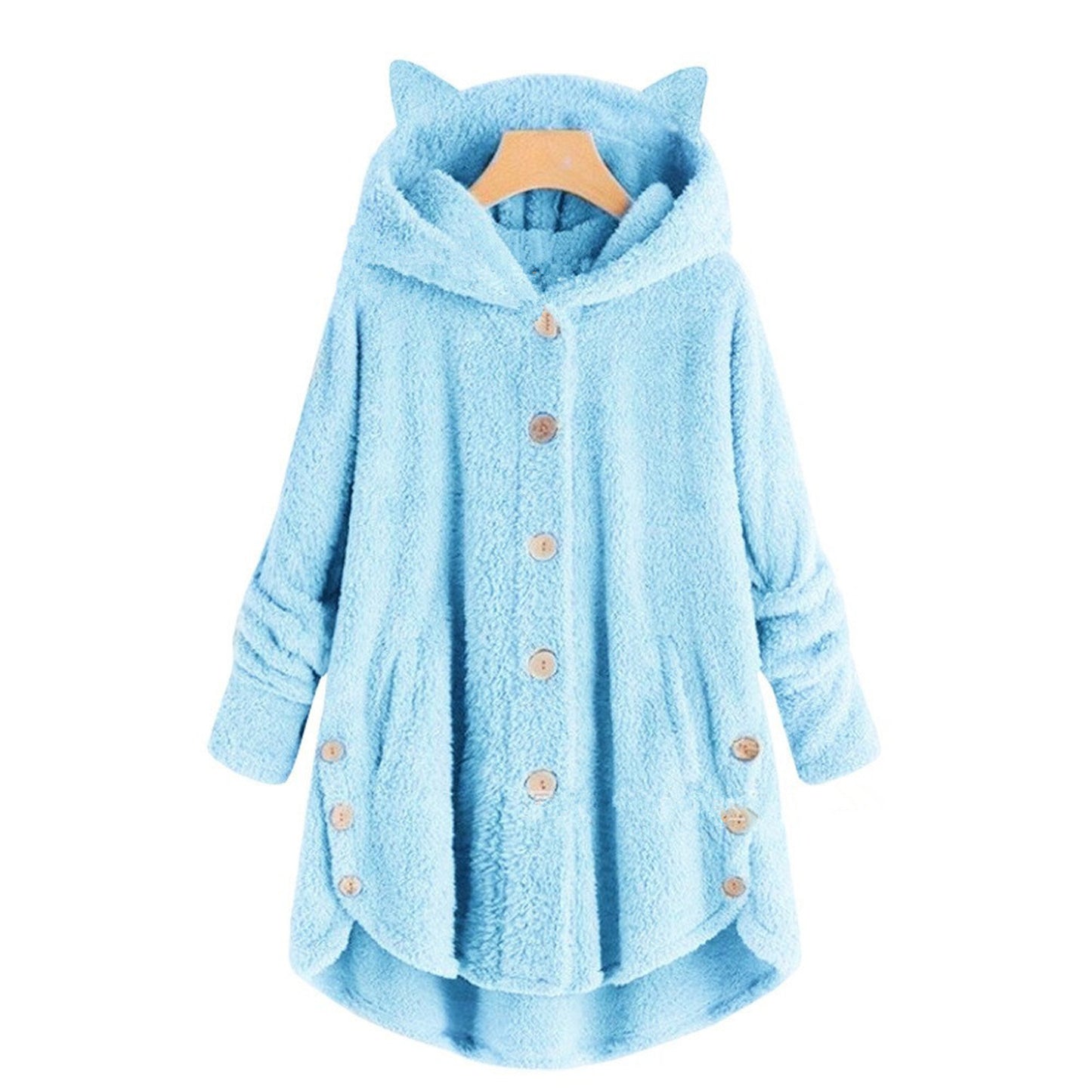 Women's Solid Color Jacket Hooded Cat Ears Button Plush Top Irregular Cardigan