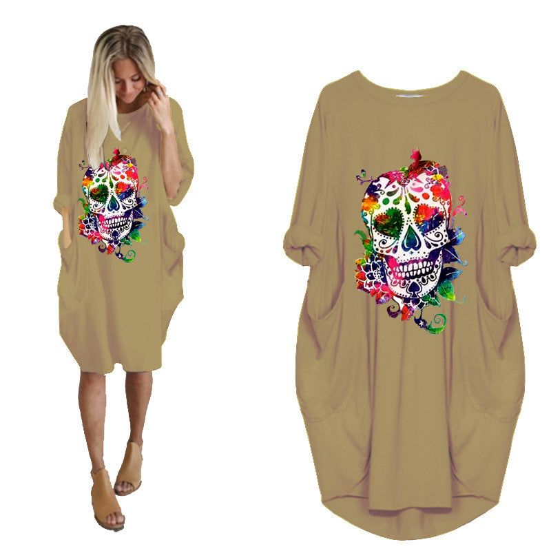 Halloween Skull Print Stitching Plus Size Dress