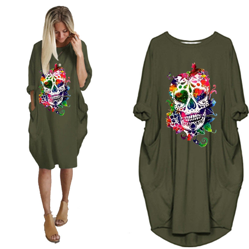 Halloween Skull Print Stitching Plus Size Dress