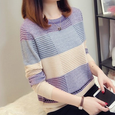 New Women's Korean Style Color Matching Loose Striped Long Sleeves