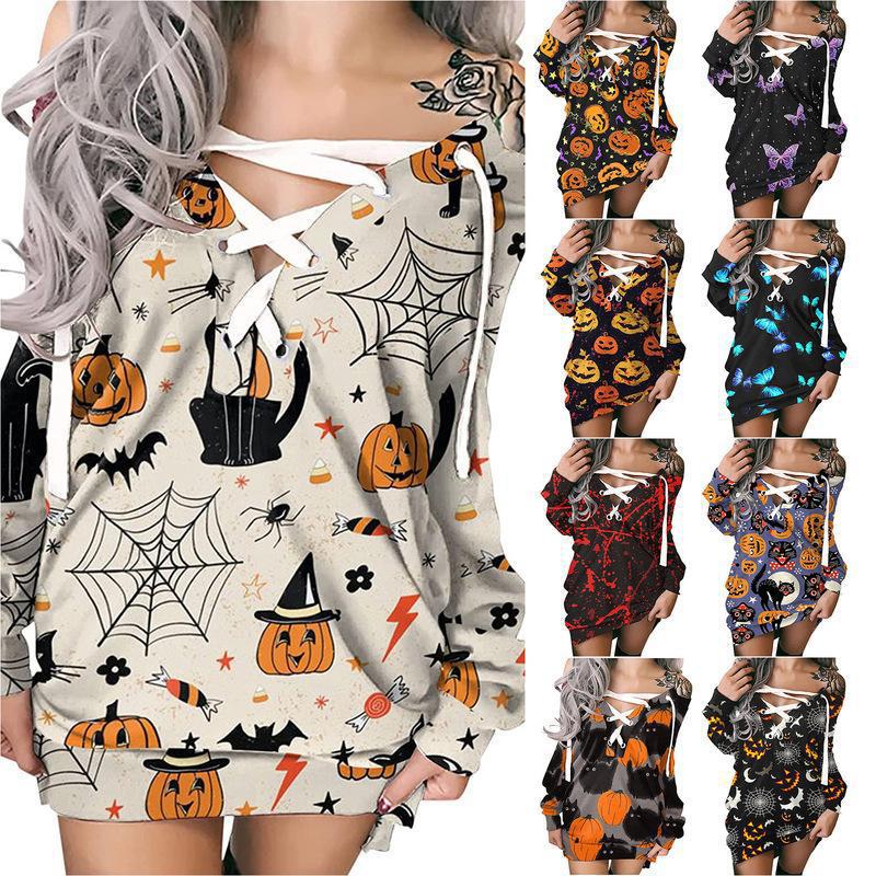 Halloween Lace-up V-neck Strapless Printed Dress For Women