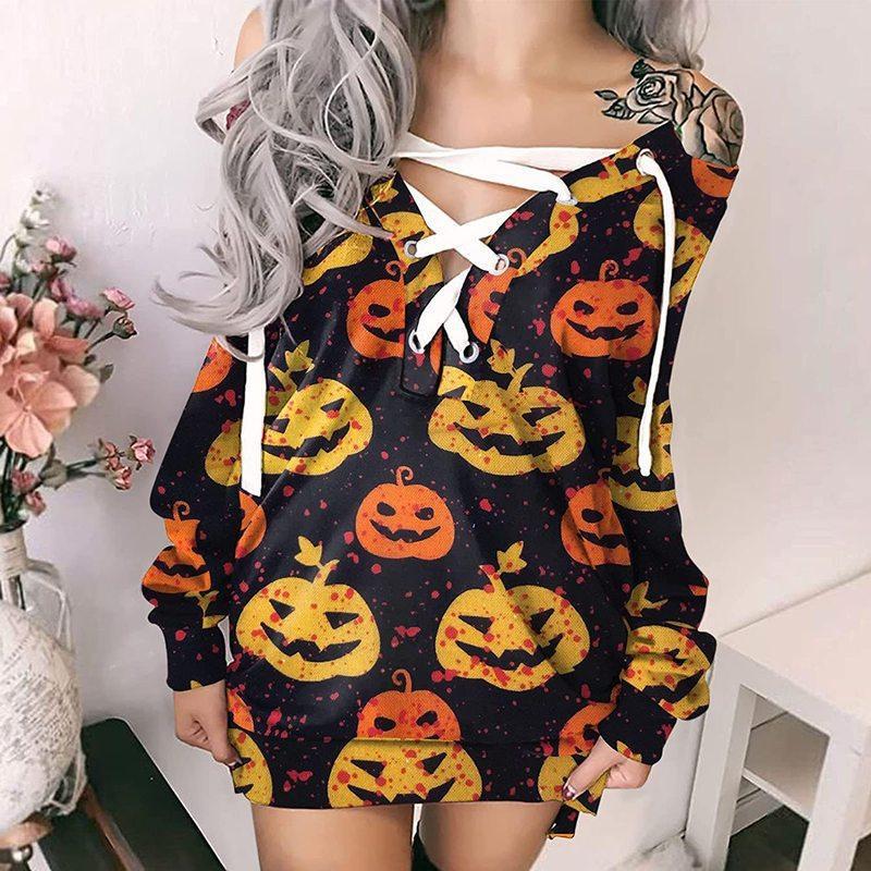 Halloween Lace-up V-neck Strapless Printed Dress For Women