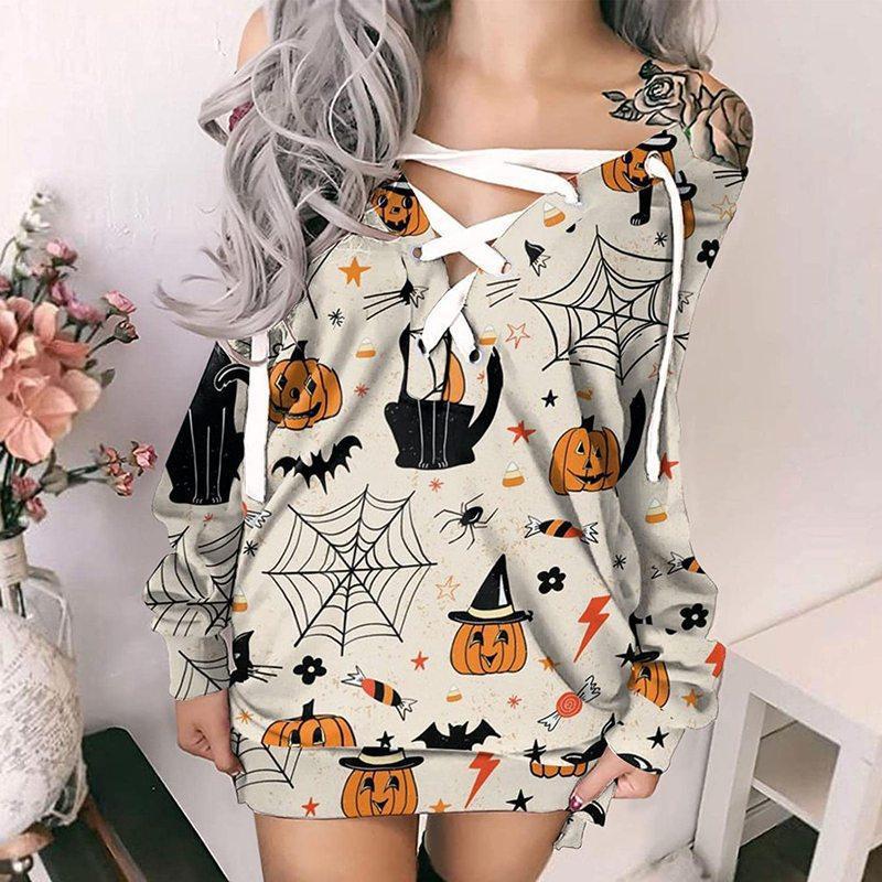 Halloween Lace-up V-neck Strapless Printed Dress For Women