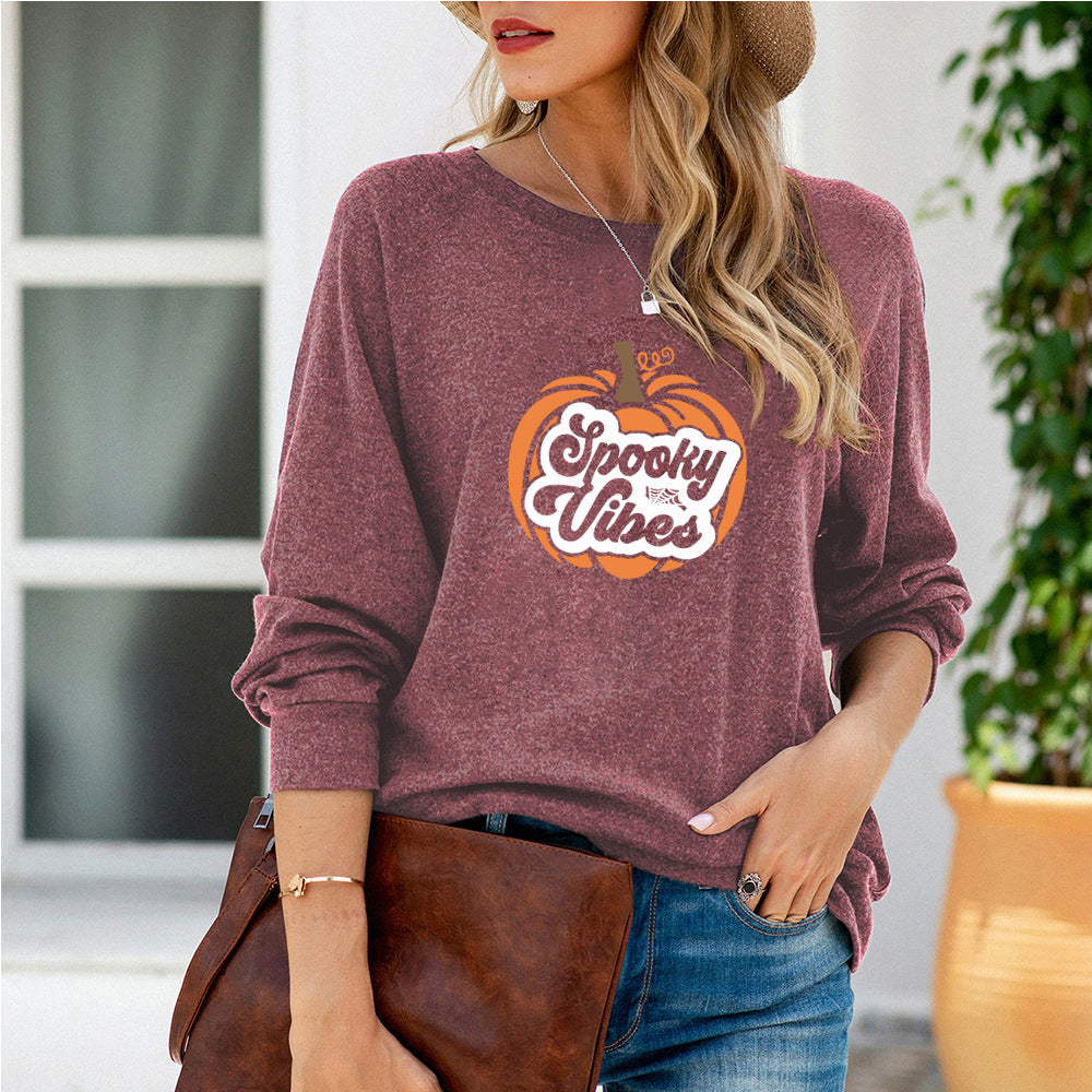 Halloween Pumpkin Print Long-sleeved T-shirt Women