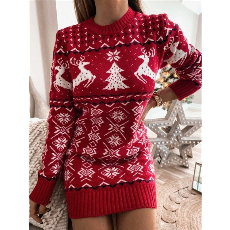 Tight-fitting Sexy Christmas Theme Jacquard Long-sleeved Knitted Dress