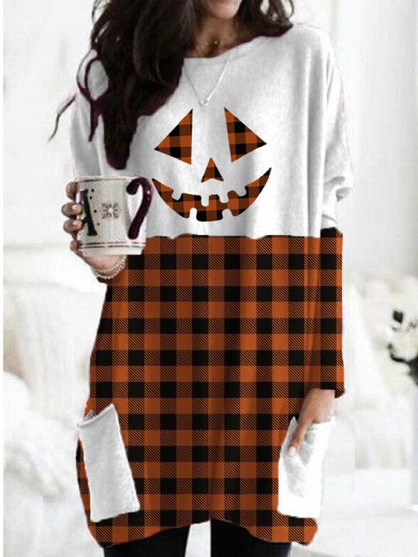 Halloween Pumpkin Face Check Print Pocket T-shirt