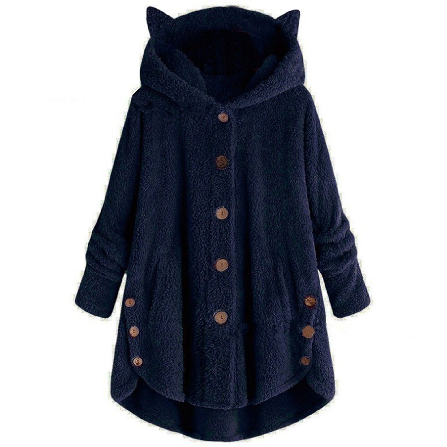 Women's Solid Color Jacket Hooded Cat Ears Button Plush Top Irregular Cardigan