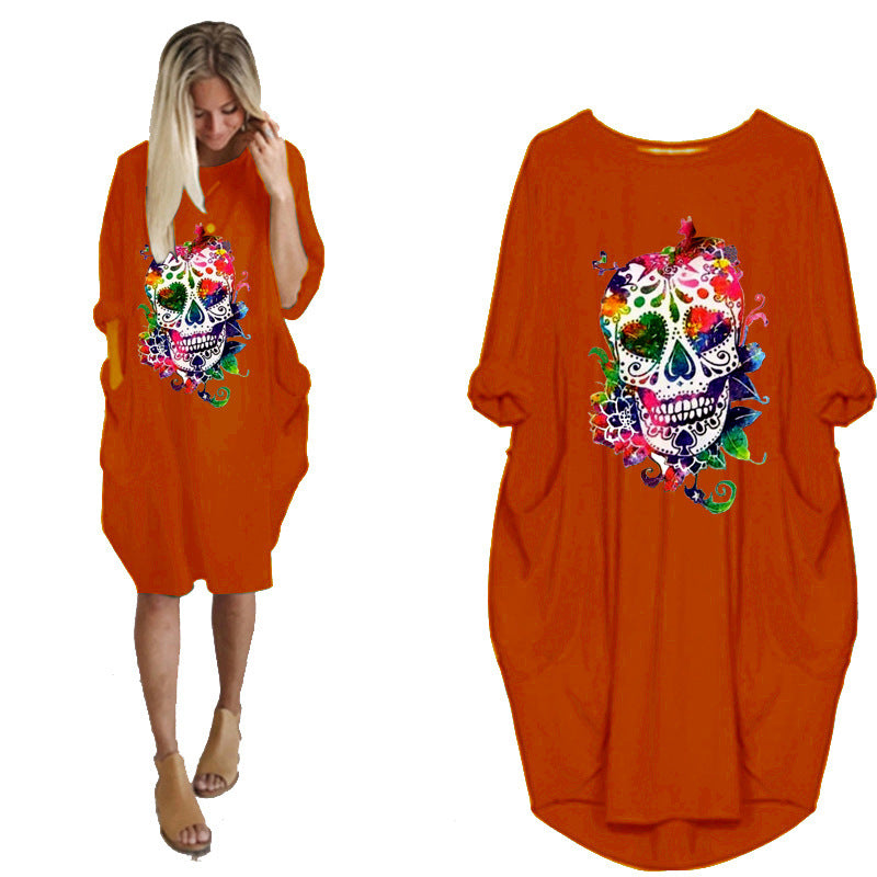 Halloween Skull Print Stitching Plus Size Dress